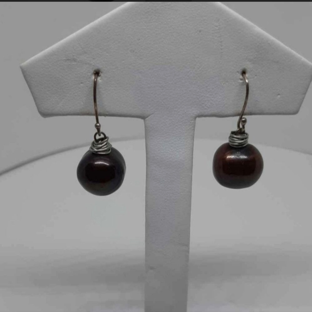 Chocolate Pearl Wire Wrapped Earrings